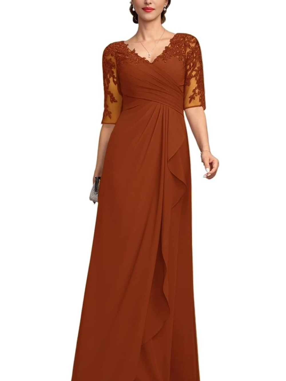 Amazon Burnt Orange Maxi Dress with Lace Sleeves